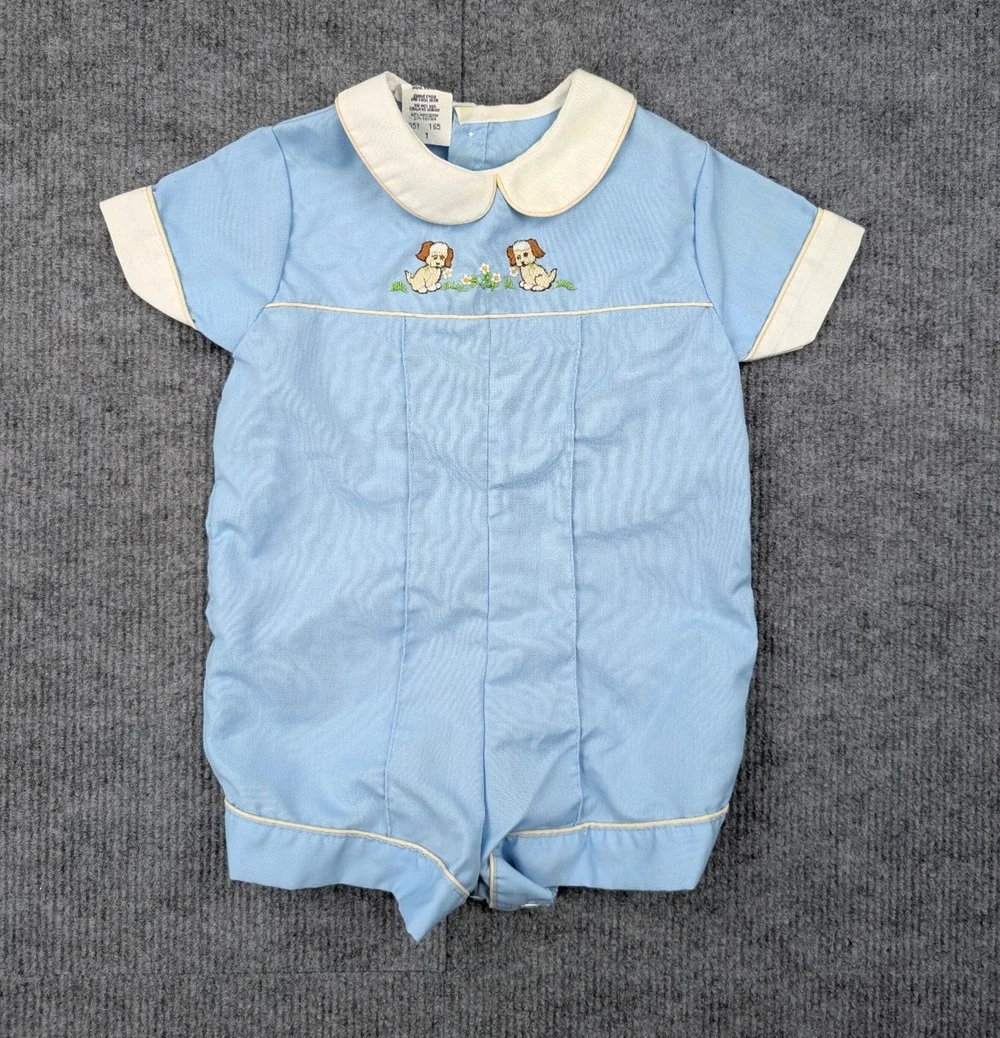 Vintage Baby Romper Boys 1 One Piece Retro Preppy Embroidered Puppy Novelty